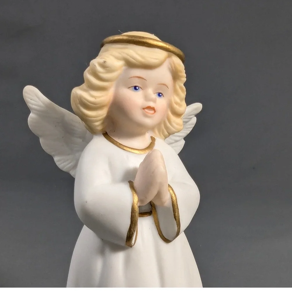 Golden Blessing 1996 Bisque Porcelain Praying Angel Figurine Gold Trim White